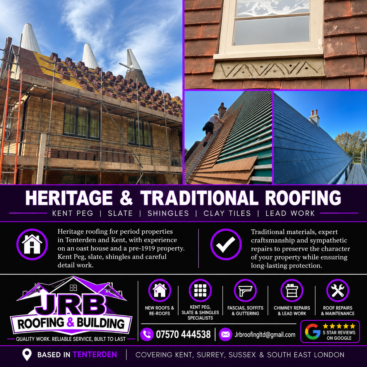 Heritage and traditional roofing in Kent by JRB Roofing & Building Ltd: a period brick property re-roofed beside oast house kilns, clay tile hanging, timber shingle fixing and a new slate roofline with lead valleys