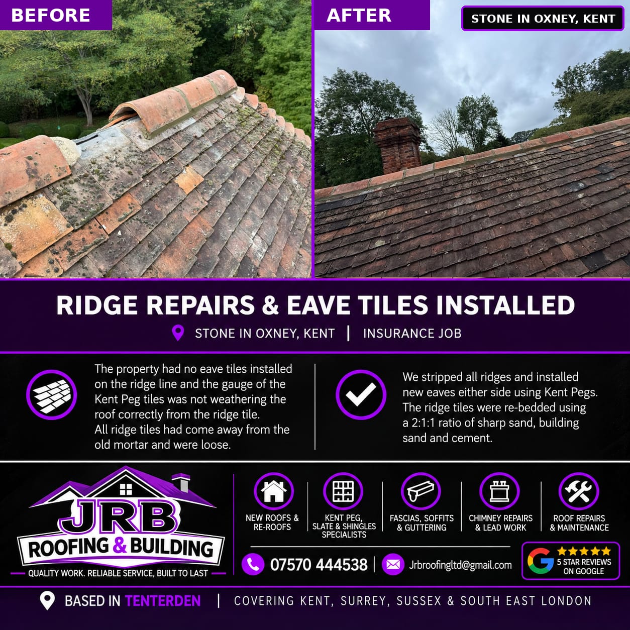 Before-and-after collage of Kent peg tile roof repairs, ridge tile re-bedding and eave tile installation in Stone-in-Oxney, Kent