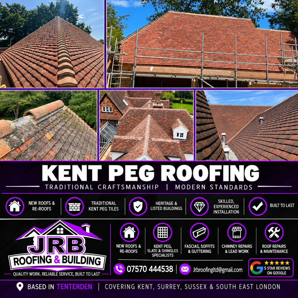 Kent peg roofing specialists JRB Roofing & Building Ltd: genuine photographs of traditional Kent peg tile roofs and complete re-roofing work on Kent properties